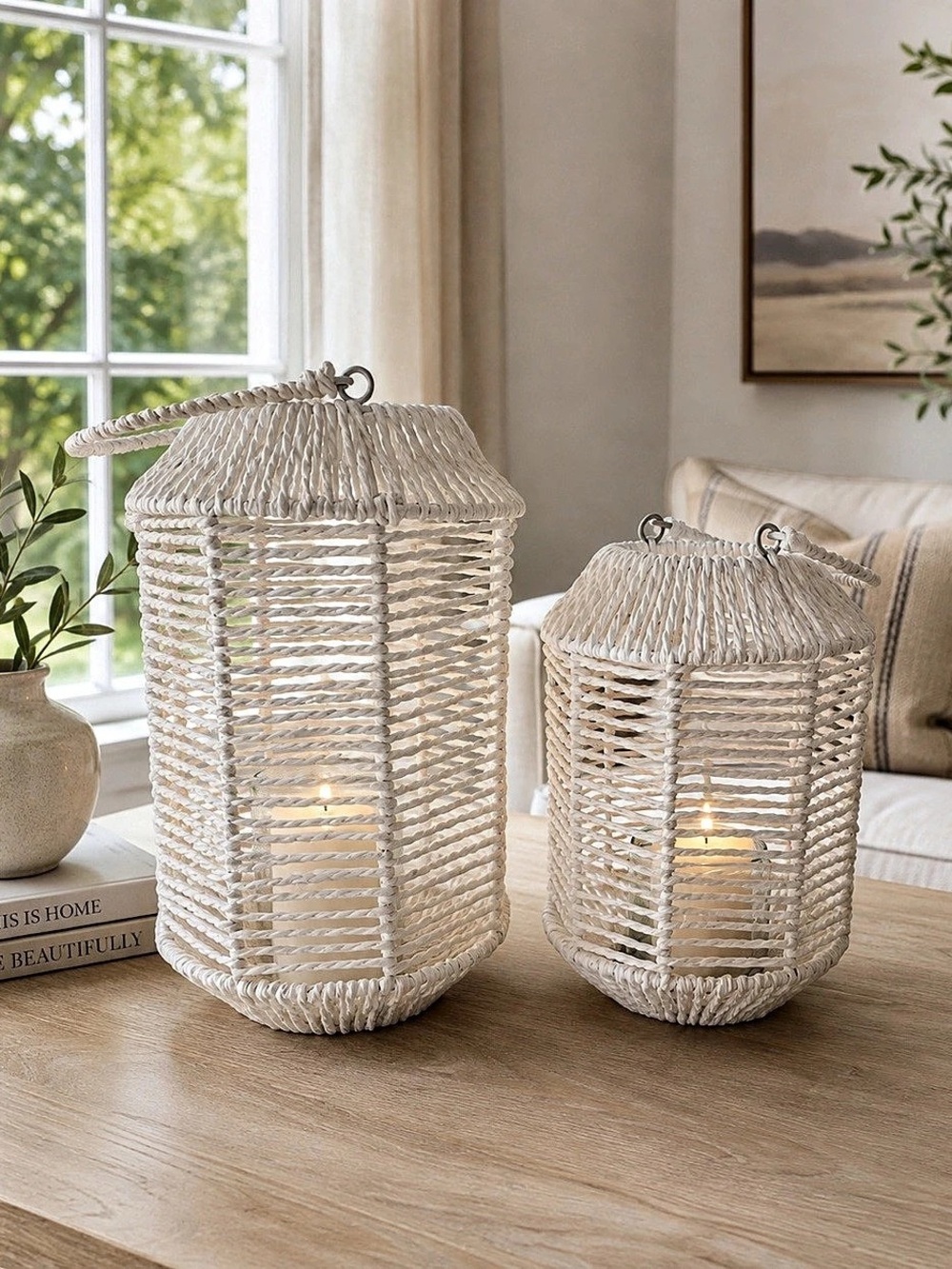 NWOT Set of 2 White Woven Decorative Lanterns – Excellent Condition